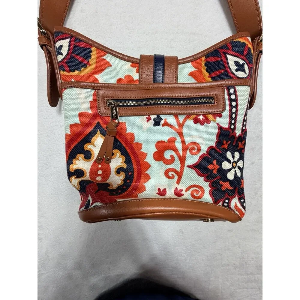 Spartina 449 Waving Mermaid Flower Pattern Leather Linen Tote Purse Shoulder Bag